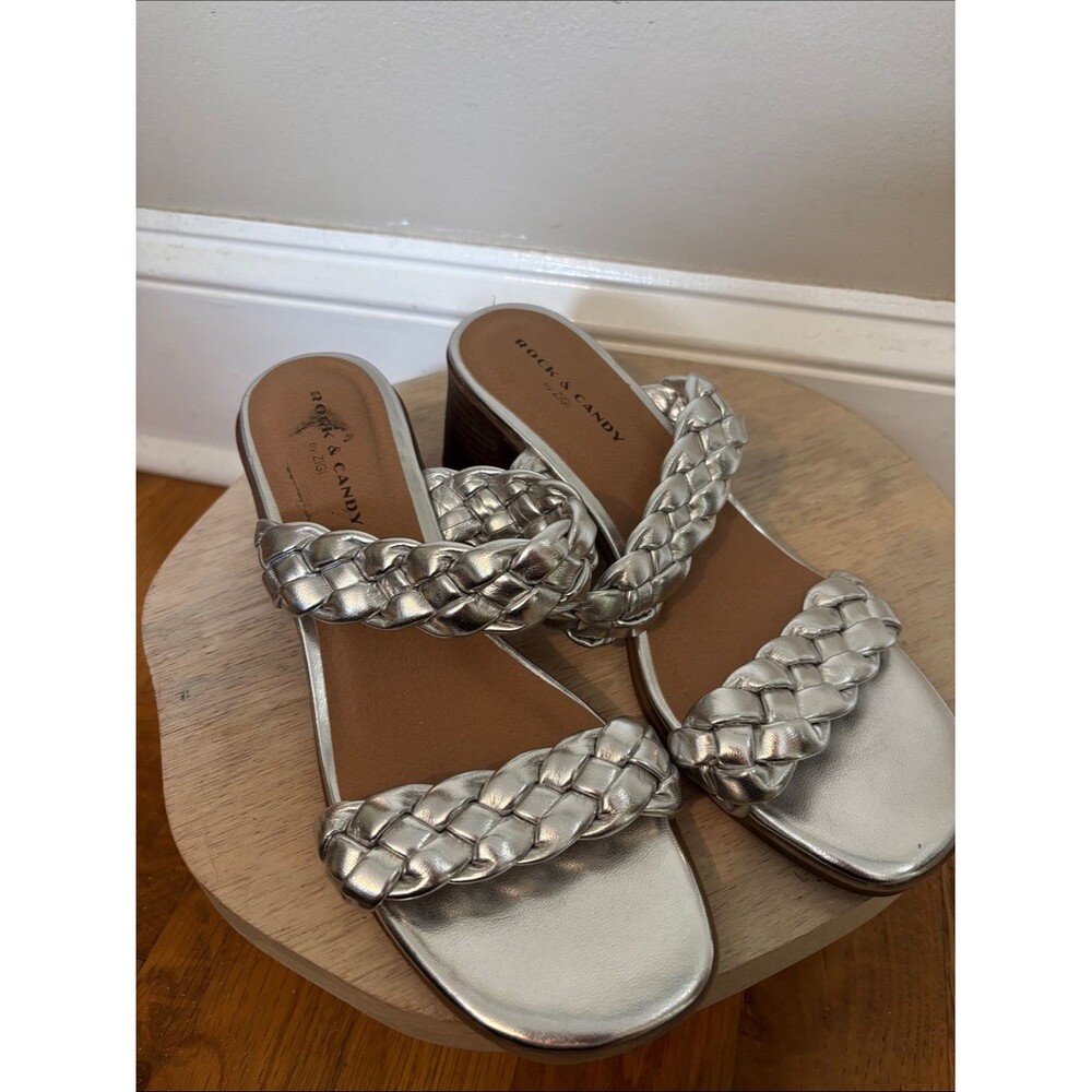 Rock & Candy Silver Braided Double-Strap heels size 8
